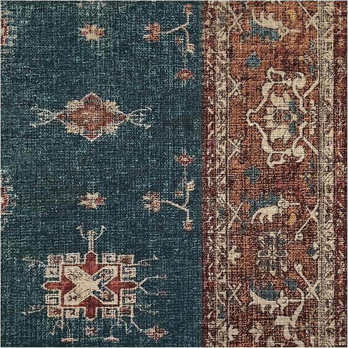 RUGGABLE Washable Vintage Area Rug – Verena Teal Blue 9x12, Stain-Resistant, Non-Slip – Large Machine Washable Rugs for Living Room, Bedroom, Hallway, Entryway & Office–with Cushioned Pad