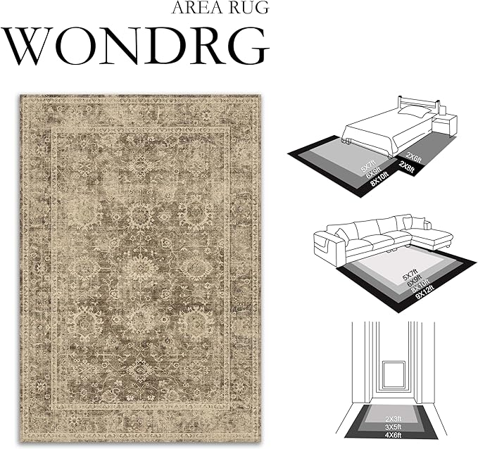 10x12 Brown Vintage Area Rug for Living Room Bedroom Large Distressed Rustic Carpet Non-Slip Low Pile Lightweight Vacuumable Soft Washable Throw Rug for Indoor Dining Room