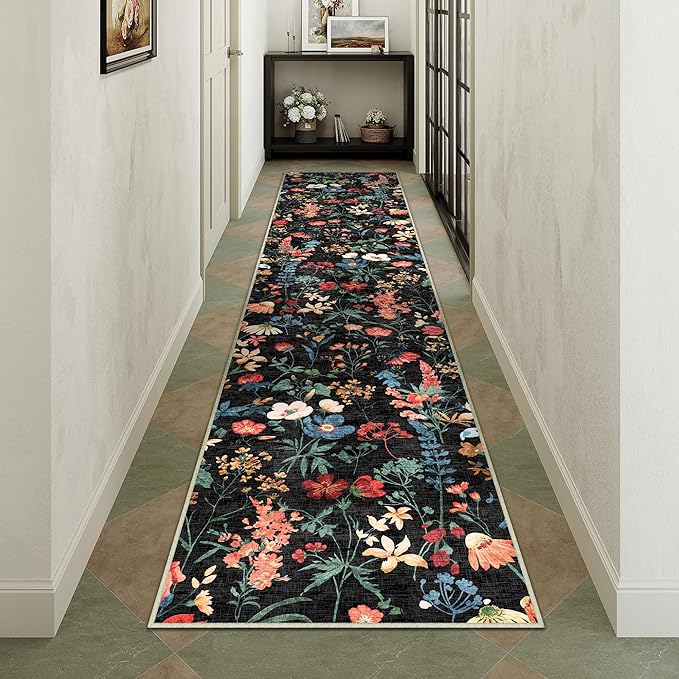 Floral Runner Rug 3x10 Washable Hallway Long Black Bedroom Carpet Non Slip Indoor Boho Kitchen Low Pile Accent Rug Lightweight Soft for Bathroom Dining Laundry Living Room
