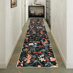 Floral Runner Rug 2x12 Washable Hallway Long Black Bedroom Carpet Non Slip Indoor Boho Kitchen Low Pile Accent Rug Lightweight Soft for Bathroom Dining Laundry Living Room
