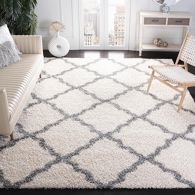 SAFAVIEH Dallas Shag Collection Area Rug - 8'6" x 12', Ivory & Grey, Trellis Design, Non-Shedding & Easy Care, 1.5-inch Thick Ideal for High Traffic Areas in Living Room, Bedroom (SGD257F)