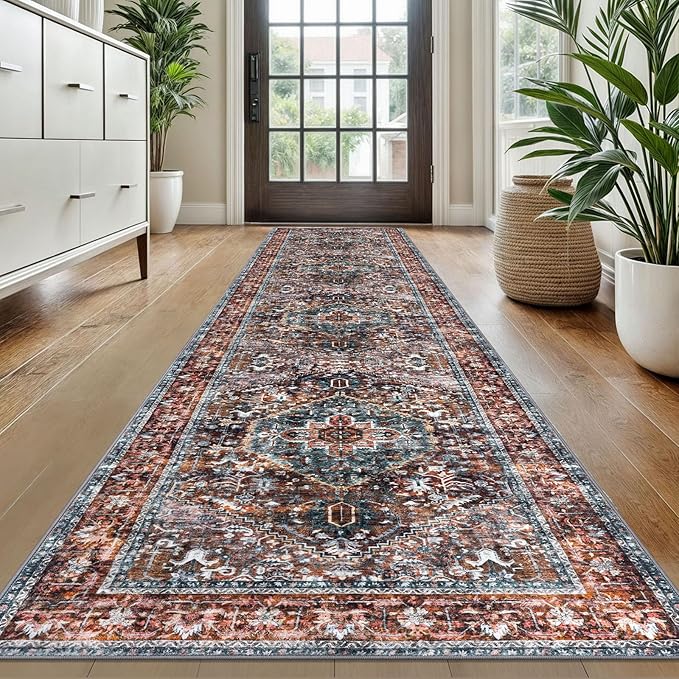 KOZYFLY Runners for Hallways 2x10 Ft Washable Kitchen Runner Rug Boho Runner Rug for Entryway Indoor Printed Faux Wool Carpet Runner for Bedroom Kitchen Hall, Brick Red/Orange/Green