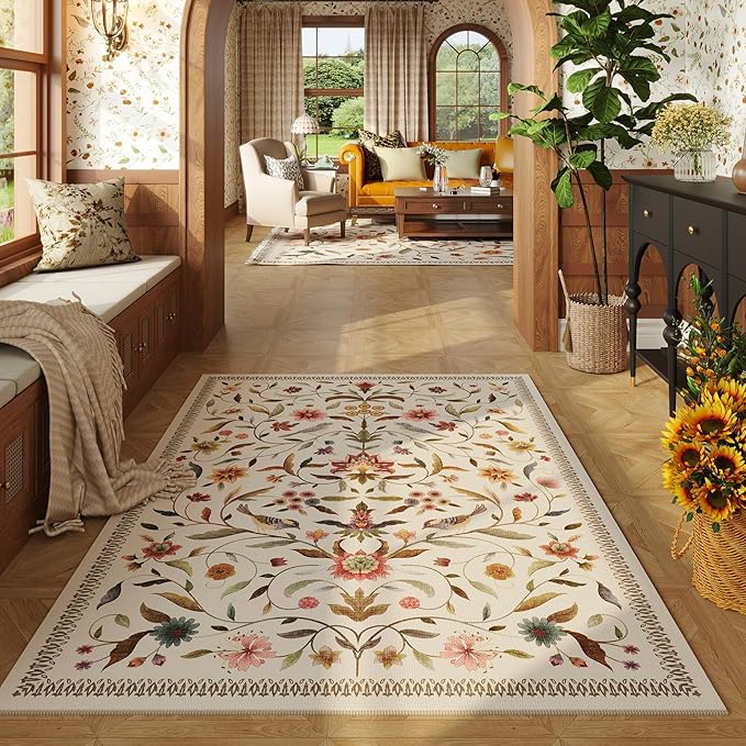 Vintage Medallion Floral 3x5 Washable Rug, Soft Low Pile Area Rug, Non-Slip Carpet for Bedside, Bedroom, Bathroom, Entryway, Kitchen, Office, Kids/Girls Room | Beige
