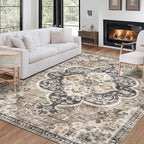 ReaLife Rugs Machine Washable Area Rug Runner - Living Room Bedroom Bathroom Kitchen Entryway Office - Padded Low Pile Stain Resistant Premium - Boho Farmhouse Vintage - Joy - Brown Beige 3' x 5'