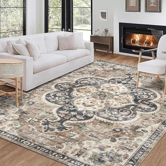 ReaLife Rugs Machine Washable Area Rug - Living Room Bedroom Bathroom Kitchen Entryway Office - Padded Low Pile Stain Resistant Premium - Boho Farmhouse Vintage - Joy - Brown Beige 4' x 6'