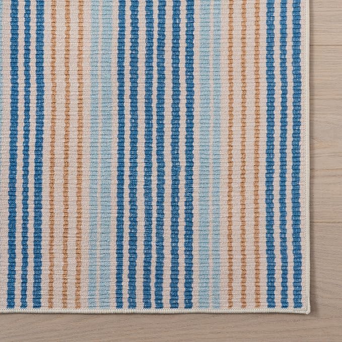 Dash & Albert Tyne Blue Machine Washable Rug, 3 X 5 Feet, Blue/Tan Stripe Pattern