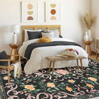 Black Rug Bow Floral 8x10 Rug, Washable Area Rugs for Bedroom Living Room, Dining Room,Kids Room, Office,Playroom, Boho Modern Aesthetic Farmhouse Decor Non Slip Low Pile Carpet