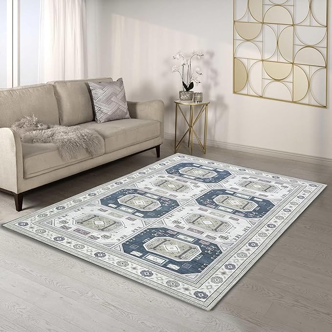 Fame Living Faded Oushak Rug, Turkish Vintage Floral Pastel Large Oversized Area Rugs for Living Room Dining Bedroom Kitchen Bathroom Nursery (848CrNv, 7'5" x 9'8")