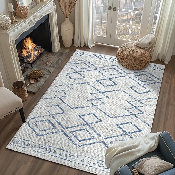 jinchan 3x5 Area Rugs for Entryway - Machine Washable Modern Rug Kitchen Soft Faux Wool Stain Resistant Non-Slip Ultra-Thin Low-Pile Geometric Carpet for Entrance Bedroom Living Room (3x5ft,Blue)