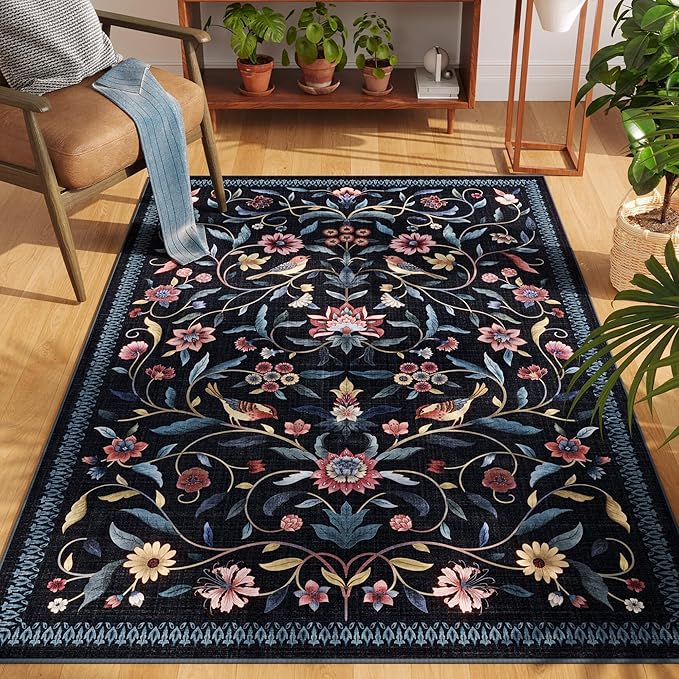 Vintage Medallion Floral 4x6 Rug, Machine Washable Non-Slip Area Rug, Low Pile Soft Carpet for Entry, Living Room, Office, Kids, Girl/Boys Room | Blue