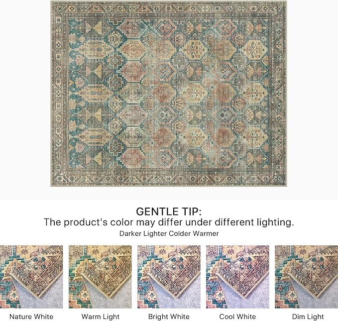Bavni Washable Rug 5x7 Area Rug for Living Room Bedroom Dining, Washable Vintage Print Carpet, Ultra-Thin Low Pile Lightweight Rug with Non Slip Backing, Multi Green