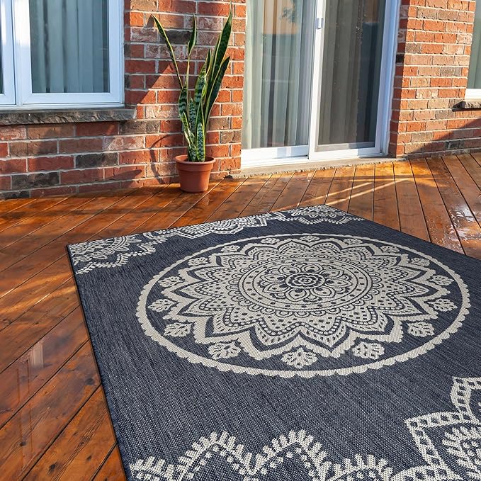 CAMILSON Outdoor Rug 9x12 Modern Area Rugs for Large Indoor and Outdoor Patios and Porches - Waterproof Washable Non-Shedding, Easy-to-Clean Outside Carpet (9 x 12, Medallion - Blue/White)