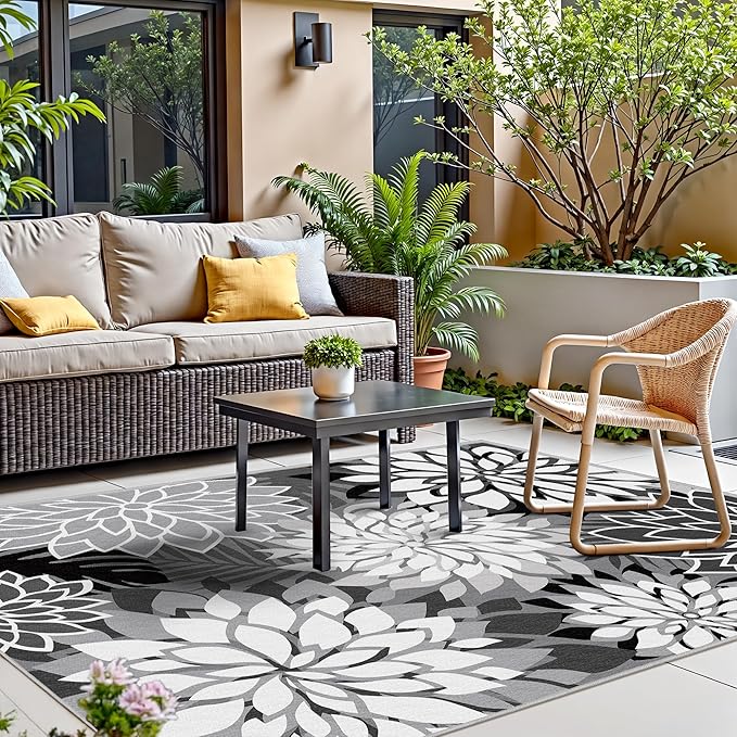 5x8 Outdoor Area Rug Washable Multicolored Patio Rug Tropical Botanical Floral Chenille Waterproof Outdoor Carpet for Living Room, Deck, Backyard, Porch, Blue