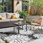 9x12 Outdoor Area Rug Washable Multicolored Patio Rug Tropical Botanical Floral Chenille Waterproof Outdoor Carpet Non-Slip for Deck, Backyard, Porch, Black