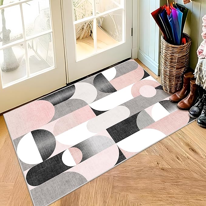 Small Rugs 2x3 Pink Rug for Entryway Bathroom Kitchen Entrance Doormat,Modern Washable Boho Accent Floor Throw Carpet Non Slip,Blush Grey Black