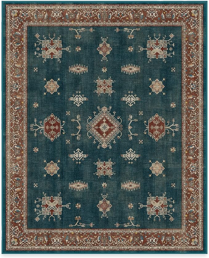 RUGGABLE Washable Vintage Area Rug – Verena Teal Blue 8x10, Stain-Resistant, Non-Slip – Large Machine Washable Rugs for Living Room, Bedroom, Hallway, Entryway & Office–with Cushioned Pad