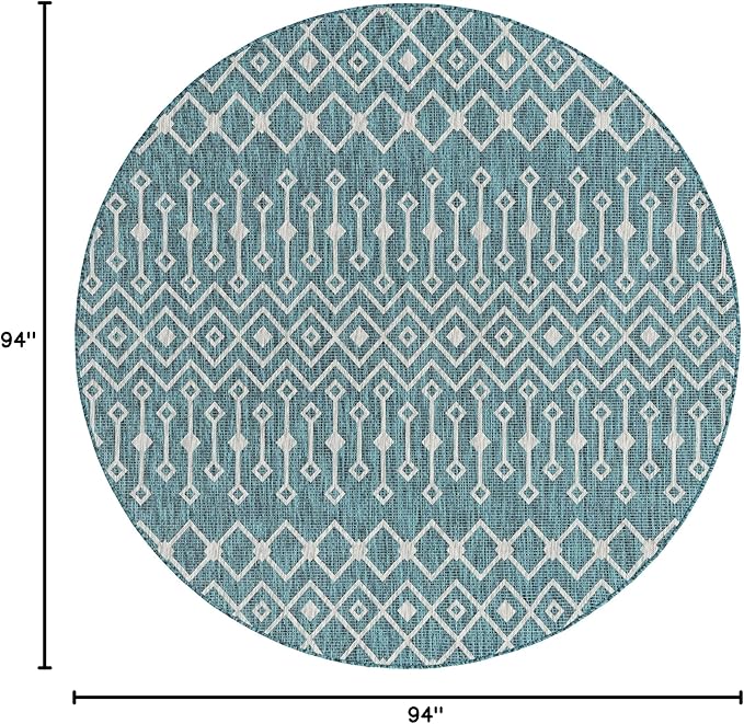 Unique Loom Outdoor Trellis Collection Area Rug - Tribal Trellis (7' 10" Round, Teal/ Ivory)