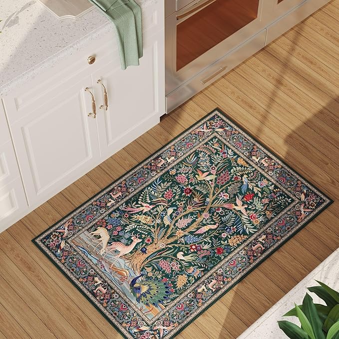 Rugcomf Indoor Door Mat 2x3 Rug Vibrant Tree of Life-Patterned Vintage Machine Washable Small Area Rug Non-Slip Low Pile Throw Rugs for Entryway Kitchen Front Door Entrance Entry Kids Room, Green