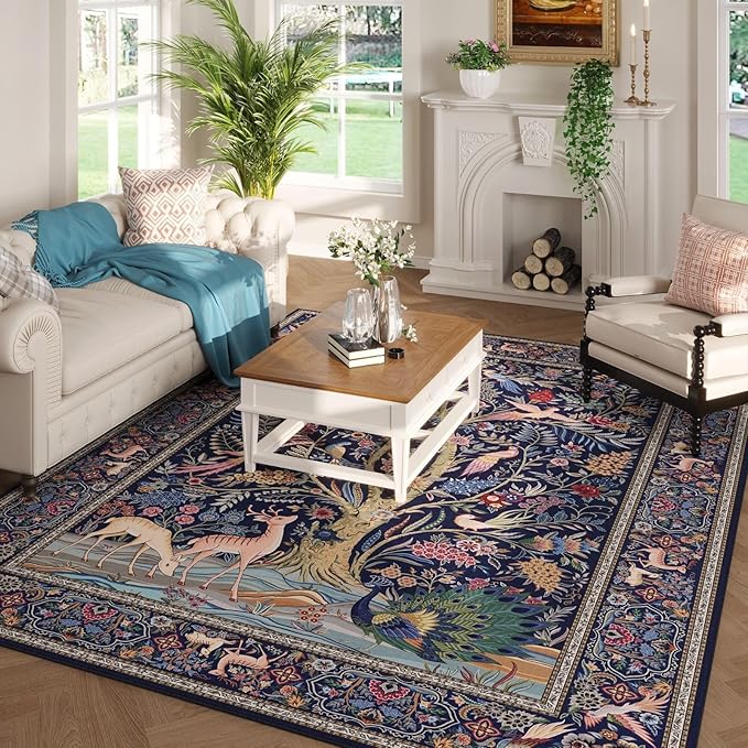 Rugcomf 8x10 Area Rugs Vibrant Tree of Life-Patterned Vintage Washable Area Rug Non Slip Low Pile Large Rug for Bedroom Farmhouse Dining Room Kids Playroom, Blue