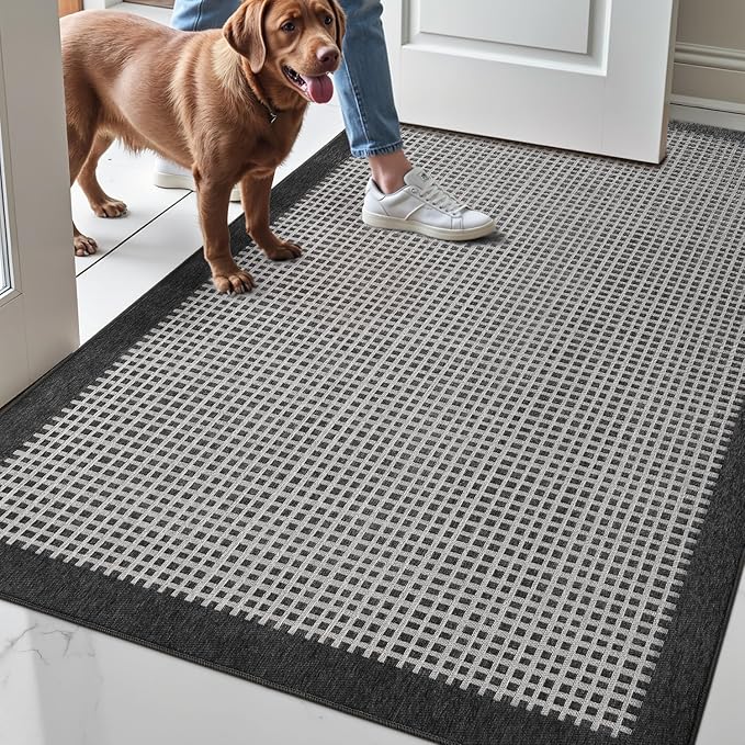 LUMI Inside Door Mat for Entry 36''x59'', Absorbent, Dirt Trapper, Low Profile Thin, Non Slip Mats with Rubber Backing, Ideal for Indoor, High Traffic, Garage, Entrance, Checkered Black