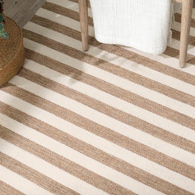 Home Conservatory Ladder Stripe Natural/Ivory Handwoven Wool 8 X 10 Feet, Ivory/Multicolored Stripe Pattern