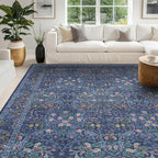 Dark Blue Living Room Rug 8x10, Vintage Floral Washable Area Rugs for Bedroom, Dining Room Under Kitchen Table, Oriental Low Pile Stain Resistant Non-Slip Large Navy Decor