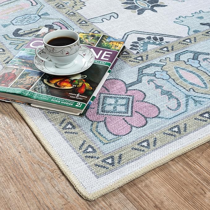 Fame Living Cream Green Oushak Rug, Modern Small Rugs, Vintage, Turkish, Eclectic, Floral, Pastel, Washable, Door Mat, Doormat for Indoor Entrance, Entryway, Kitchen, Bathroom, Bedroom, Laundry, 2'x3'
