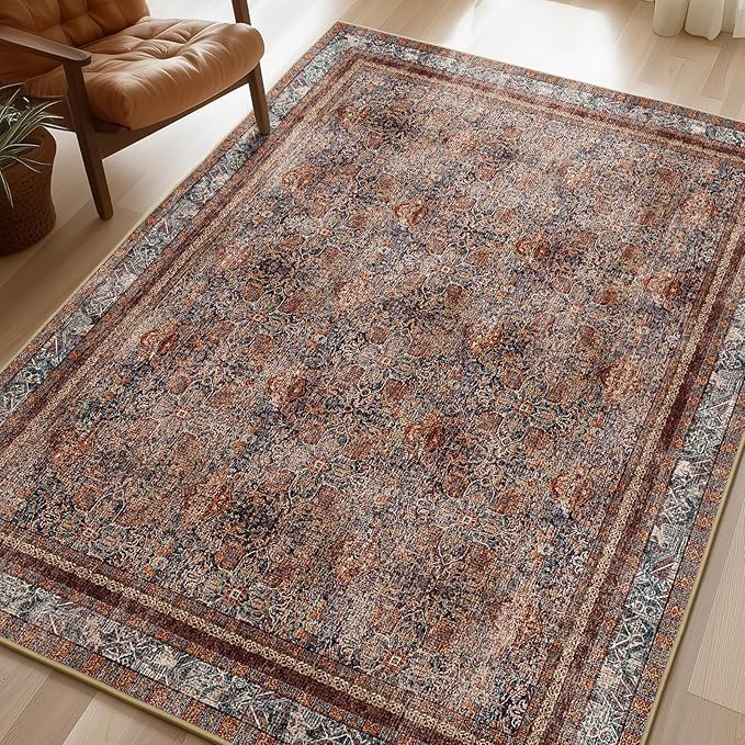 Phantoscope Washable Area Rug 4'x6' Non-Slip, Vintage Neutral Xmas Rugs for Living Room, Bedroom, Dining Room, Distressed Boho Floral Medallion Pattern, Low-Pile Foldable Floor Carpet, Brick Red/Black