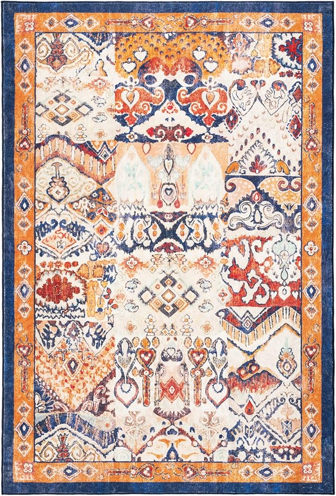Phantoscope Washable Area Rug 4'x6' Non-Slip, Vintage Boho Rugs for Living Room, Bedroom, Dining Room, Distressed Persian Market Pattern, Low-Pile Foldable Floor Carpet, Navy/Orange