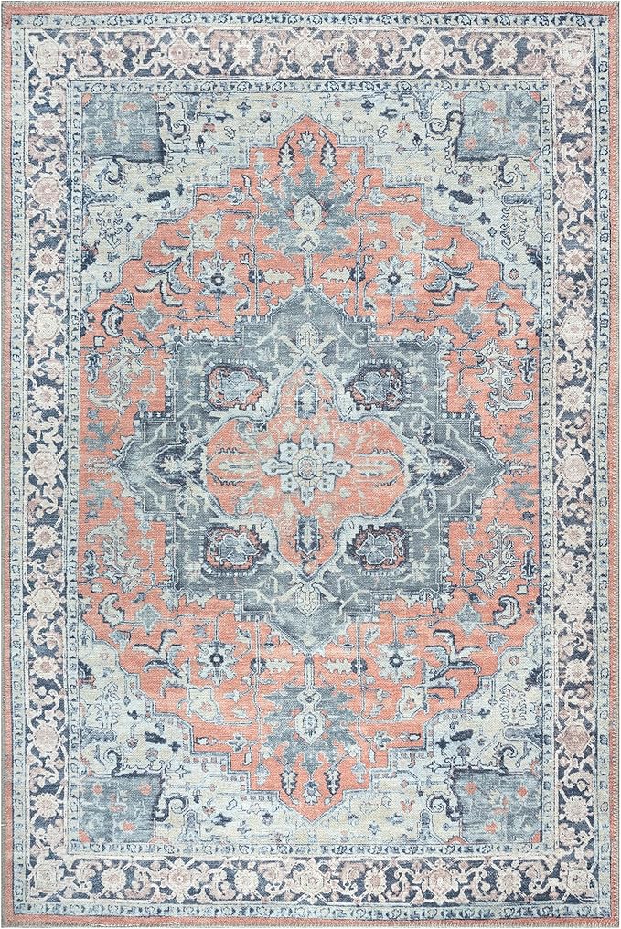 Bloom Rugs Washable Non-Slip 5' x 7' Rug - Coral/Blue Traditional Medallion Area Rug for Living Room, Bedroom, Dining Room, and Kitchen - Exact Size: 5' x 7'