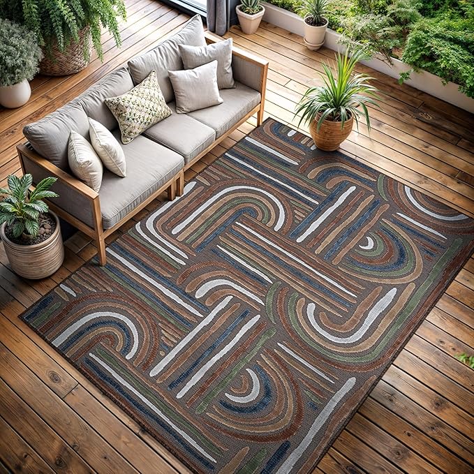 CAMILSON Indoor Outdoor Rug, Brown 5x7 Geometric Arch Striped Area Rugs for Patio and Home Areas, Easy-Cleaning Non-Shedding Living Room, Garden and Deck Washable Outside Carpet (5 x 7)