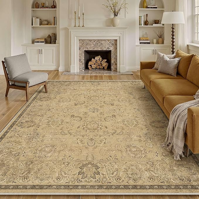 HUGEAR 9x12 Machine Washable Area Rugs Vintage Brown - Neutral Living Room Bedroom Rug Non Slip Stain Resistant Low Pile Aesthetic Throw Carpet Kids & Pet Friendly