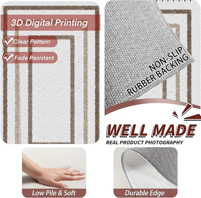 Moroccan Farmhouse Area Rugs 6x8ft, Neutral Geometric Pattern in Off-White Rug, Low Pile Machine Washable & Non-Slip Soft Carpet for Living Room, Bedroom & Dining Room