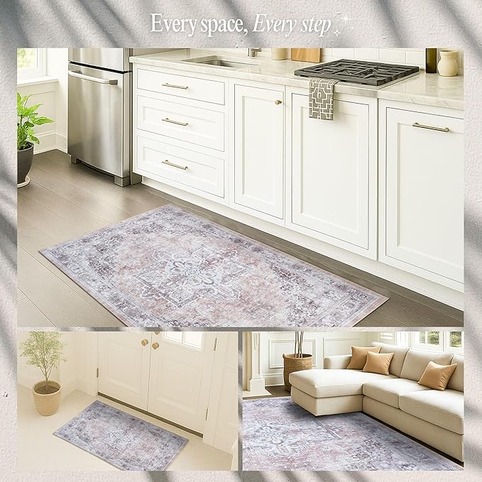 Fame Rugs Turkish Rug. Washable Vintage Oriental Antique Inspired Traditional Doormat Small Modern Area Rugs Luxury Entryway Entry Bedroom Bathroom Kitchen (392TW, 2'5 x 13'1)