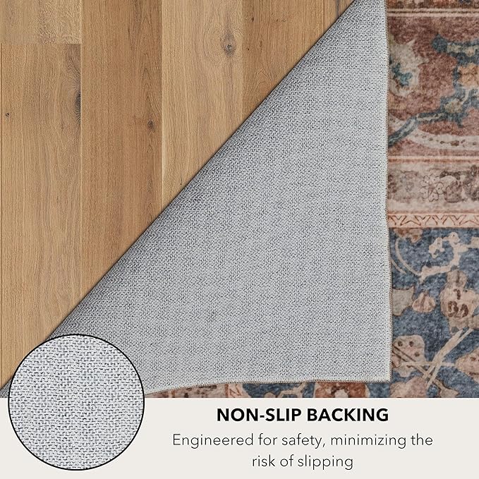Kuden 2'6"x10 Runner Rug, Machine Washable Area Rug with Non-Slip Backing, Vintage Style, Soft, Easy Clean, Low Pile Rug for Hallway, Entryway, Kitchen, Bedroom