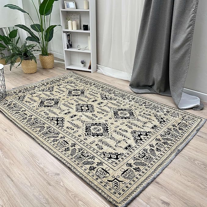 Alfa Rich 3x5 Beige Black Washable Area Rugs for Living Room Bedroom Kitchen Dining Cotton Runner