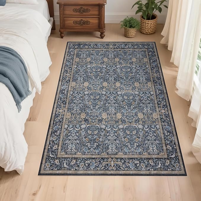 Washable Living Room Rug: 3x5 Boho Floral Soft Area Rug for Bedroom Decor - Vintage Low Pile Thin Carpet for Dining Room Non-Slip - Farmhouse Stain Resistant Rugs - Slate Blue
