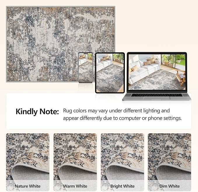 4x6 Washable Area Rugs - Modern Abstract Rugs for Living Room Non-Slip Low Pile Soft Machine Washable Carpet for Bedroom, Dining Room, Nursery, Home Office, Farmhouse (4'x6' Tan Blue)