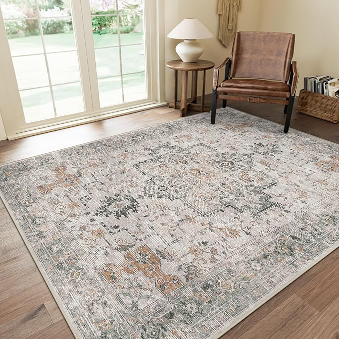 GENIMO 10x14 Area Rugs for Living Room, Non Slip Machine Washable Vintage Rugs, Low Pile Lightweight Chenille Print Large Rug for Bedroom, Dining Room, Home Office, Light Taupe Brown