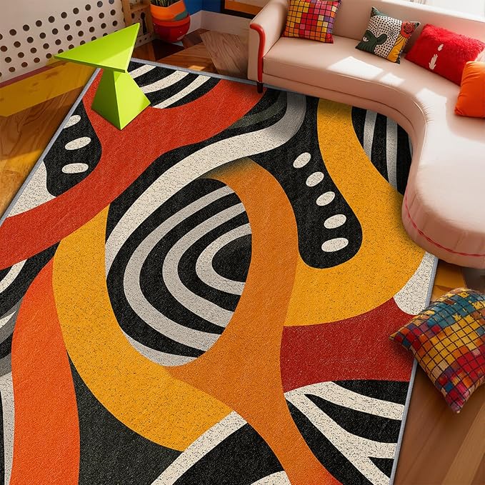 Abstract Living Room Rug - Retro Pop Art Colorful Rug, 7x9 Area Rugs, Hippie Aesthetic Funky Washable Foldable Large Carpet Home Decor #C102