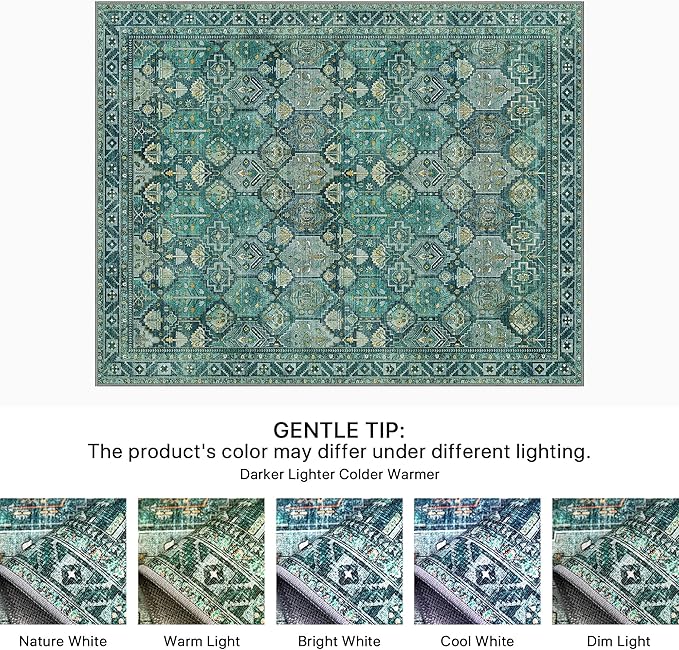 Bavni Washable Rug 8x10 Area Rug for Living Room Bedroom Dining, Washable Vintage Print Carpet, Ultra-Thin Chenille Low Pile Lightweight Rug with Non Slip Backing, Dark Green