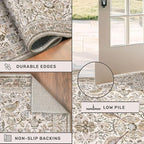 Boho 8x10 Area Rugs for Living Room - Washable Low Pile Soft Moss Floral Rug for Bedroom, Dining Room, Light Brown Taupe Low Pile Soft Carpet, Vintage Indoor Décor
