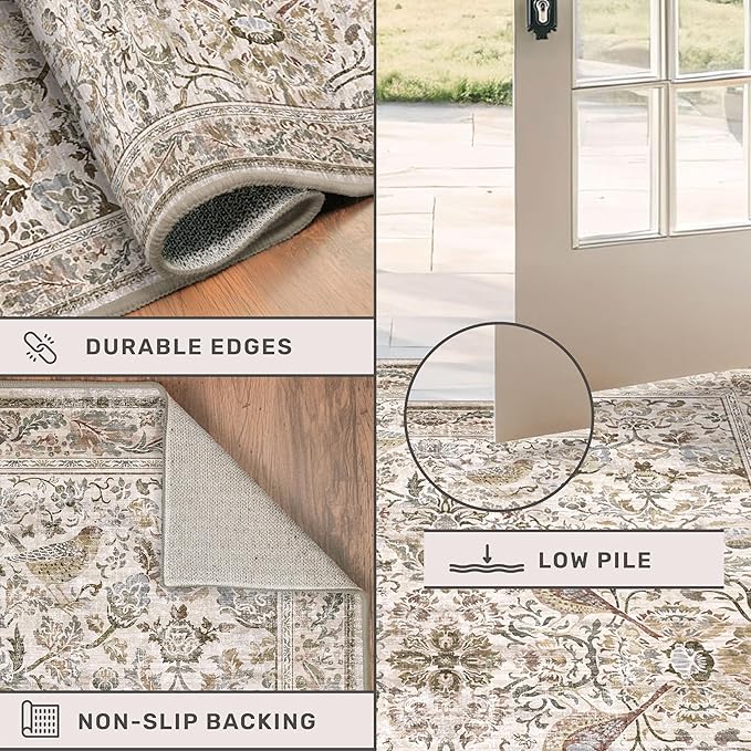 Moss Washable Dining Room Rug, 6x9 Floral Area Rug for Living Room, Boho Farmhouse Décor Low Pile Soft Bedroom Carpet, Brown Taupe Home Décor, Non Slip & Stain Resistant