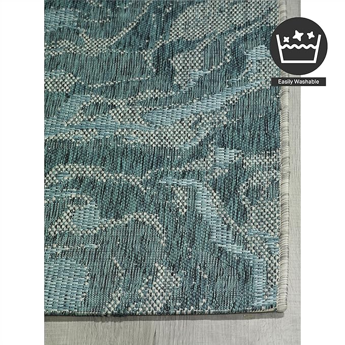 FH Home Outdoor Rug - Waterproof Easy to Clean Stain Resistant - Patio Indoor Outdoor Porch Deck Balcony Entryway - Modern Abstract - Freeport - Blue - 7ft 8in x 9ft 8in