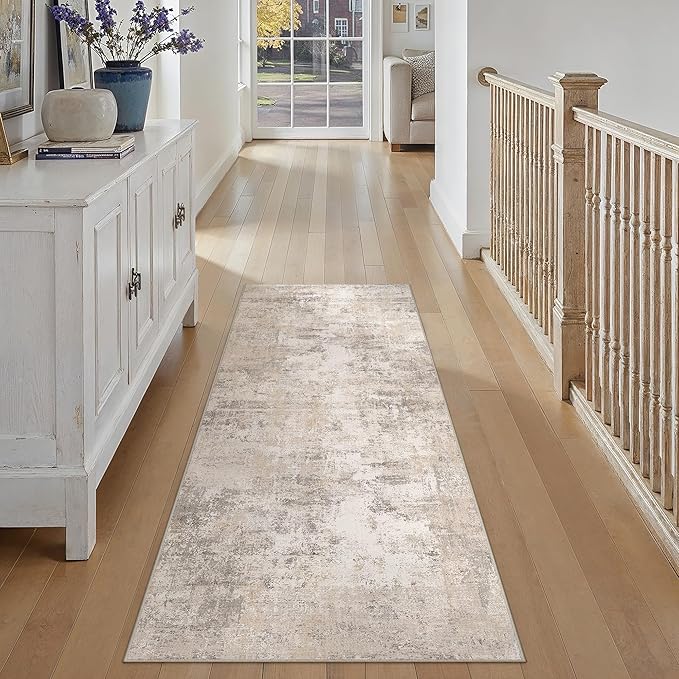 2'6x8 Washable Runner Rug Beige Grey Abstract Hallway Kitchen Throw Rug Neutral Modern Non Slip Soft Low Pile Carpet for Bathroom Laundry Bedroom Living Room