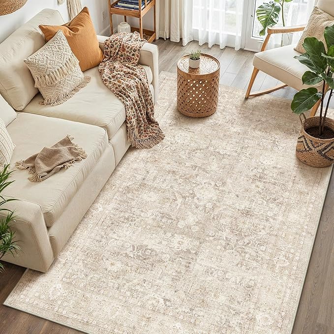 5x7 Beige Washable Area Rug for Living Room Bedroom Neutral Soft Non Slip Rug Low Pile Vintage Distressed Carpet for Dining Room Nursery Office Indoor