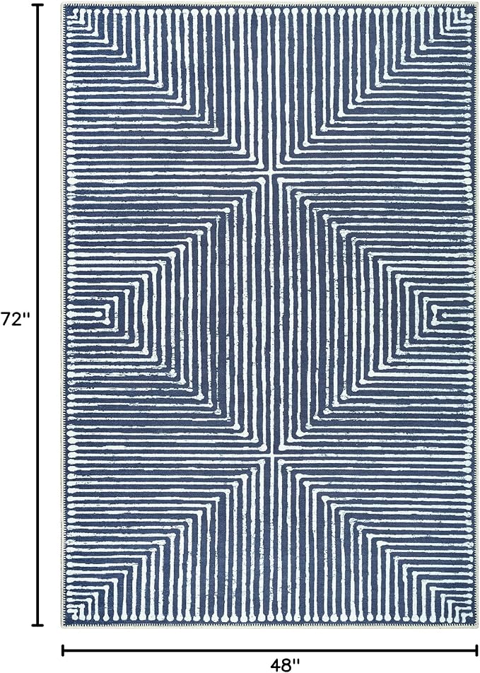 Bloom Rugs Washable Non-Slip 4' x 6' Rug - Blue Striped Area Rug for Living Room, Bedroom, Dining Room, and Kitchen - Exact Size: 4' x 6'