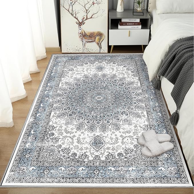 6’x9’ Area Rugs for Living Room Non Slip Washable Low Pile Area Rugs for Bedroom Vintage Carpets Blue
