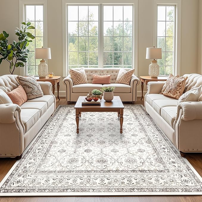jinchan Floral 6x9 Area Rugs for Living Room - Machine Washable Vintage Distressed Boho Design Throw Rug Stain Resistant Carpet Low-Pile Thin Non-Slip for Bedroom Dining Room Nursery (6‘x9', Beige)
