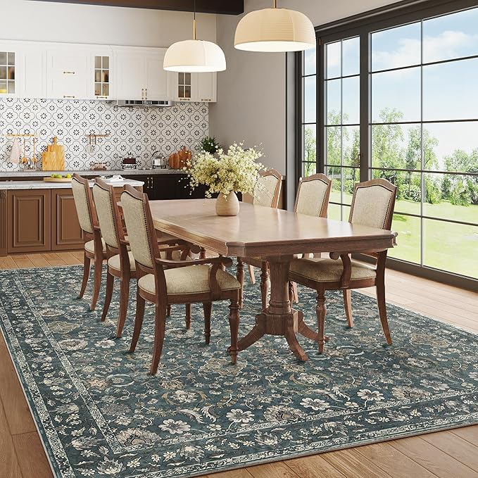 6x9 Rugs for Living Room, Soft Large Area Rugs Blue Washable Rug, Indoor Vintage Rugs for Bedroom Home Office Laundry, Rubber Backed Non Slip Low Pile Carpet, Deep Blue